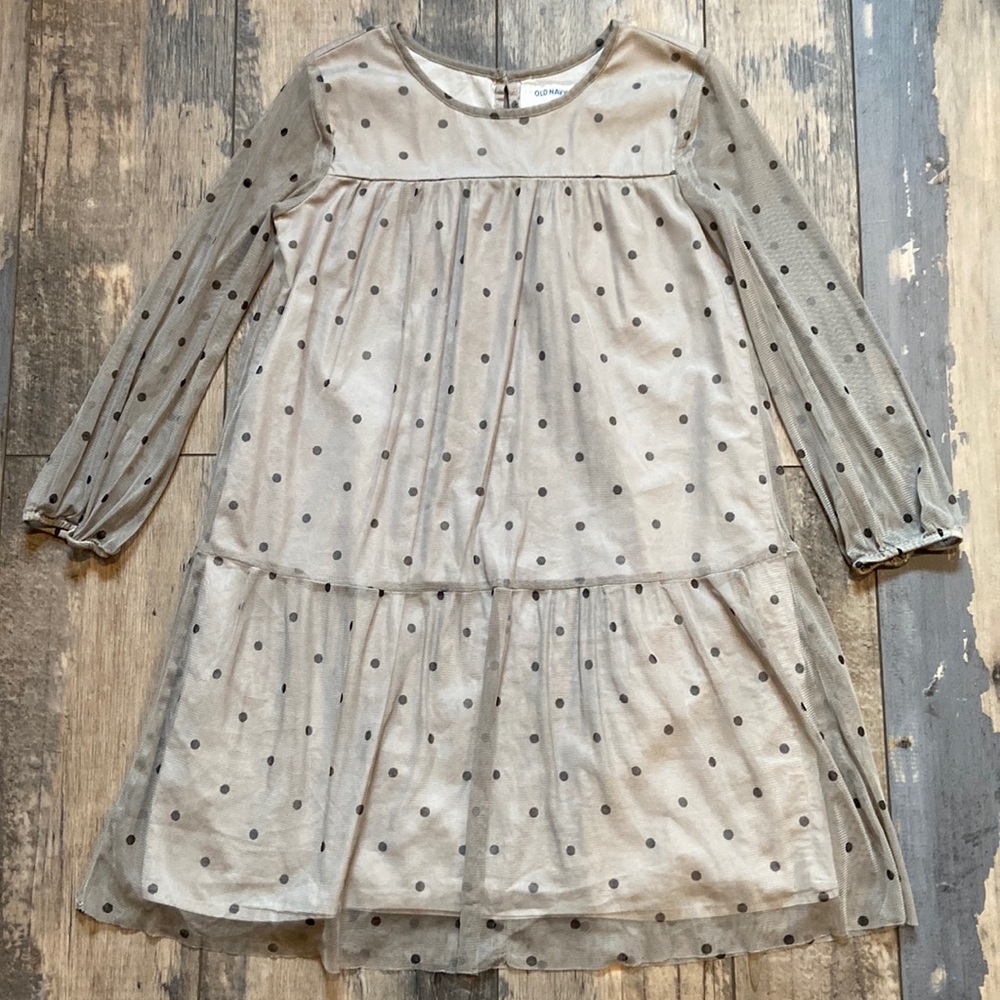 Old Navy Girls Knee Length Formal Dress Long Sleeves Sz 10/12 Polka Dots Gray